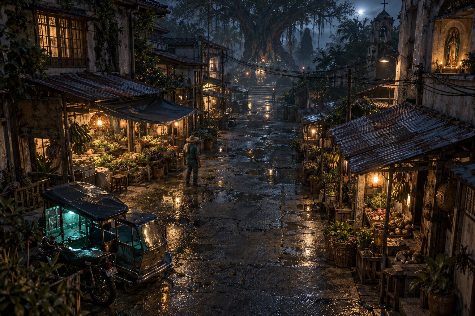 A rain-soaked market street at night, lit by lanterns and a roadside shrine, leading toward a giant balete tree under the moon.