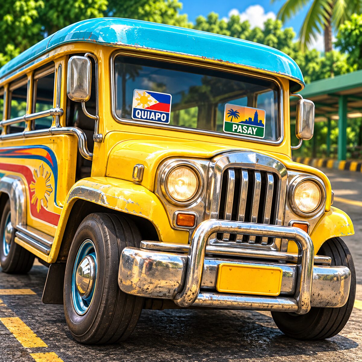 A bright yellow jeepney with a turquoise roof, chrome grille and route signs for Quiapo and Pasay, parked at a terminal.