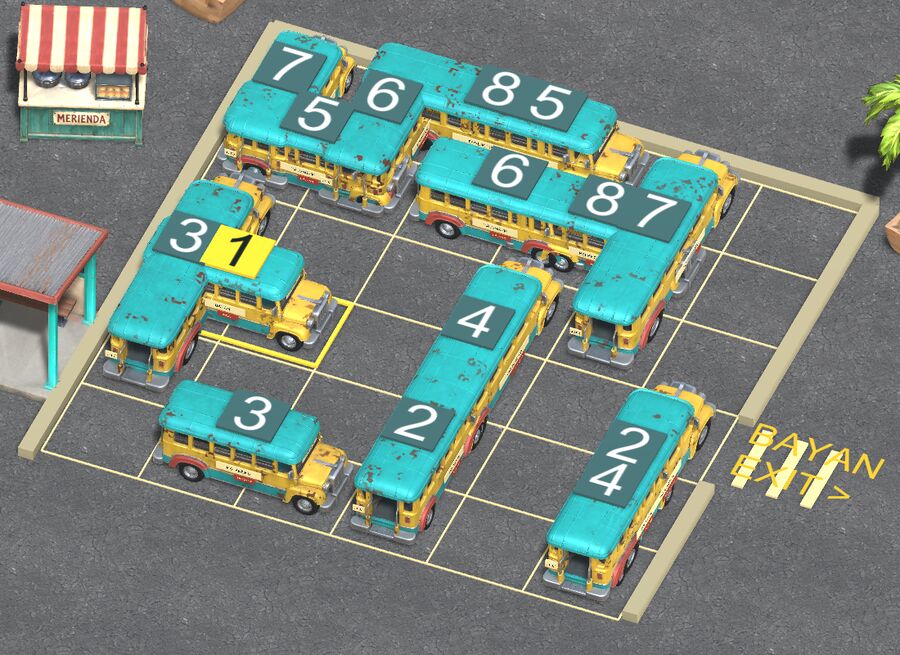 A traffic puzzle seen from above: numbered jeepneys packed into a terminal grid beside a merienda stand and waiting shed.