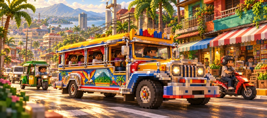 A brightly painted jeepney drives through a busy city street lined with shops, with a tricycle and a scooter alongside.