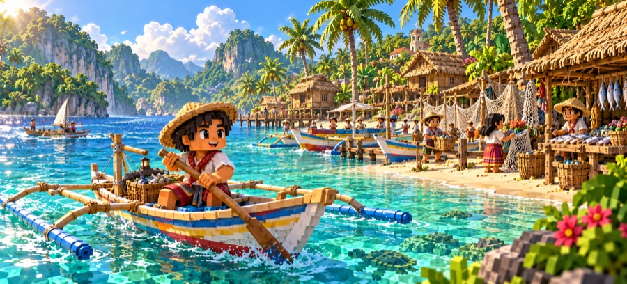 A boy in a straw hat paddles an outrigger banca past a seaside village with fish stalls and drying nets.